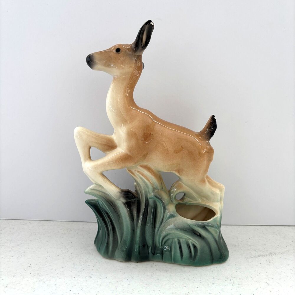Vintage Leaping Jumping Deer Doe Planter Double Sided Ceramic Pottery